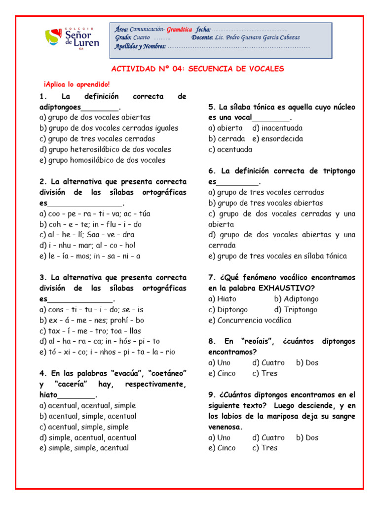 Actividad N 4 de Lenguaje (Secuencia de Vocales) | PDF | Sílaba | Vocal