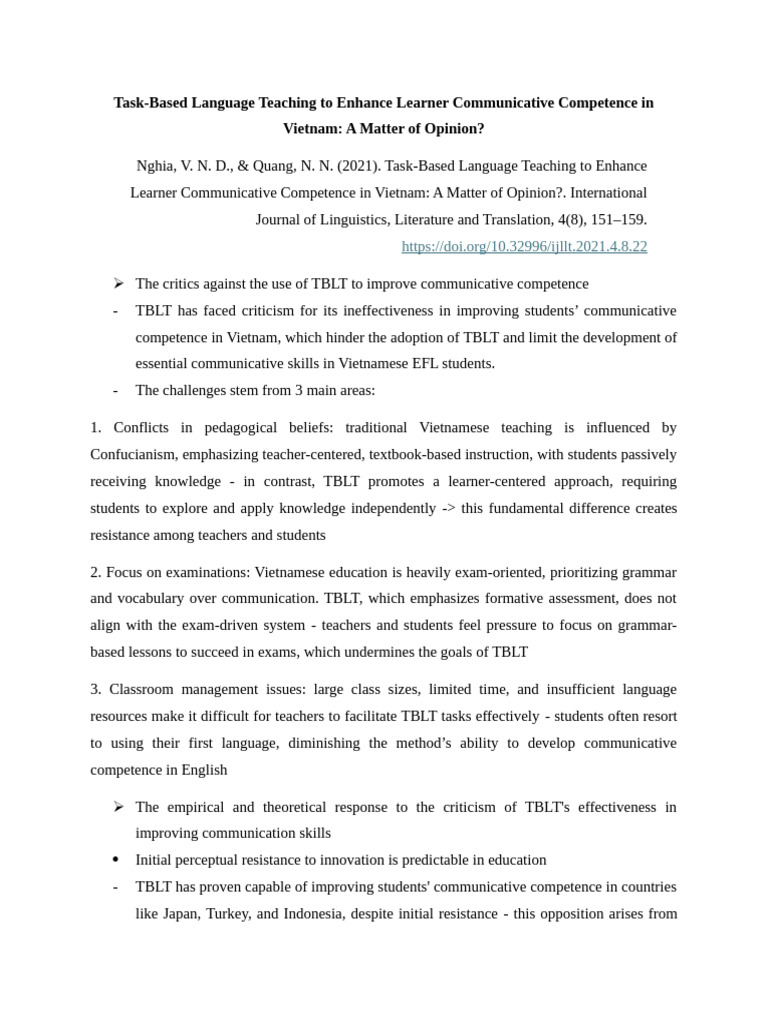 TBLT's Impact on Vietnamese EFL Skills | PDF | Teachers | Language ...