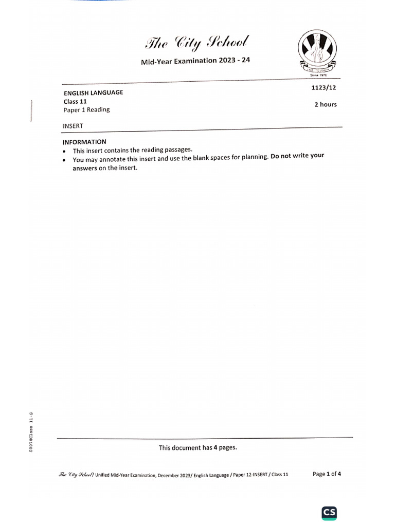 MYE Insert Paper 2023-24 (English p1, Class-11) | PDF