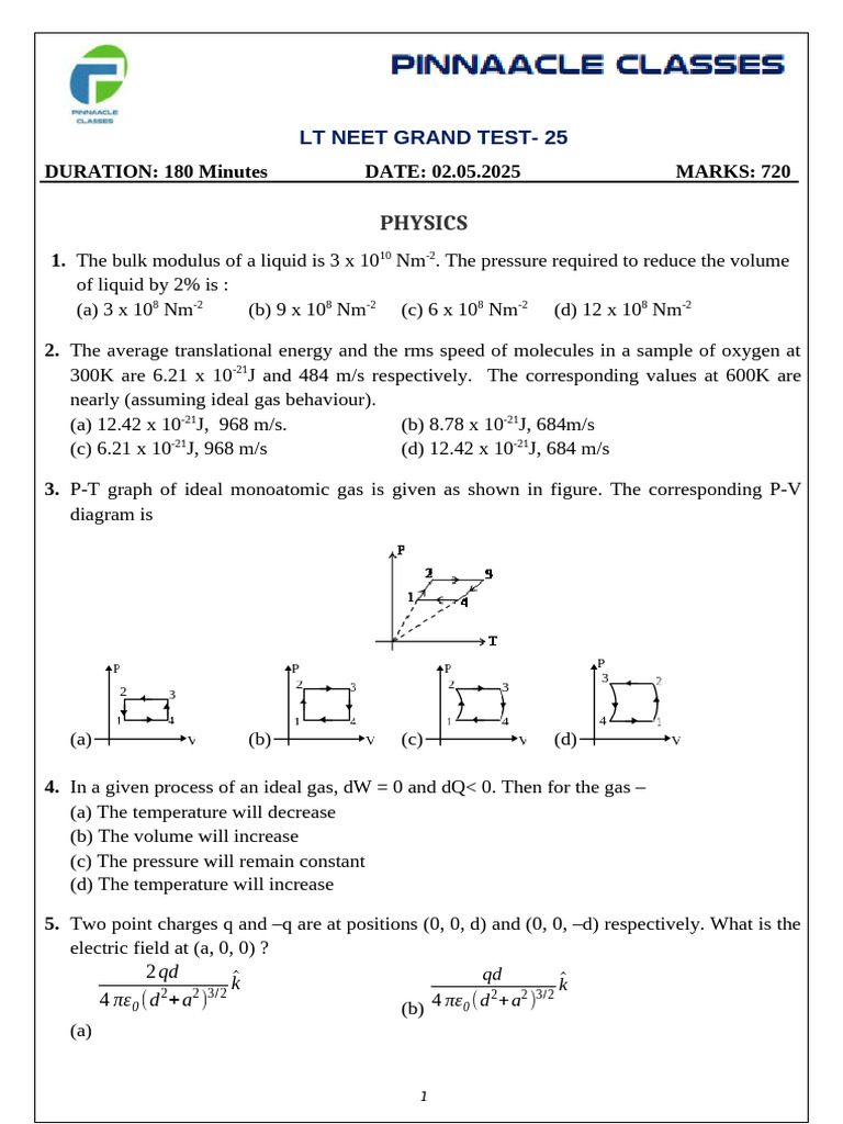 LT Neet Phy GT-25 02.05.25 | PDF | Gases | Phases Of Matter