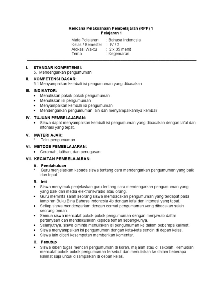 Rpp Bahasa Indonesia Kelas 4 Semester 2