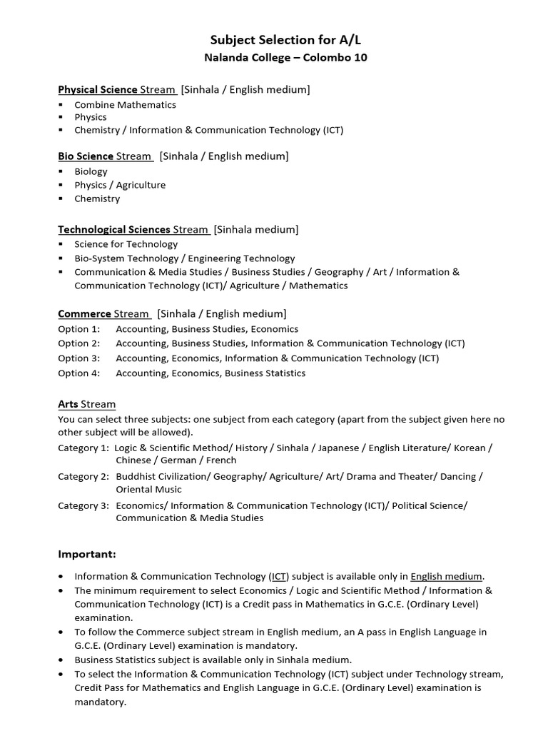 A/L Subject Selection Guide for Streams | PDF