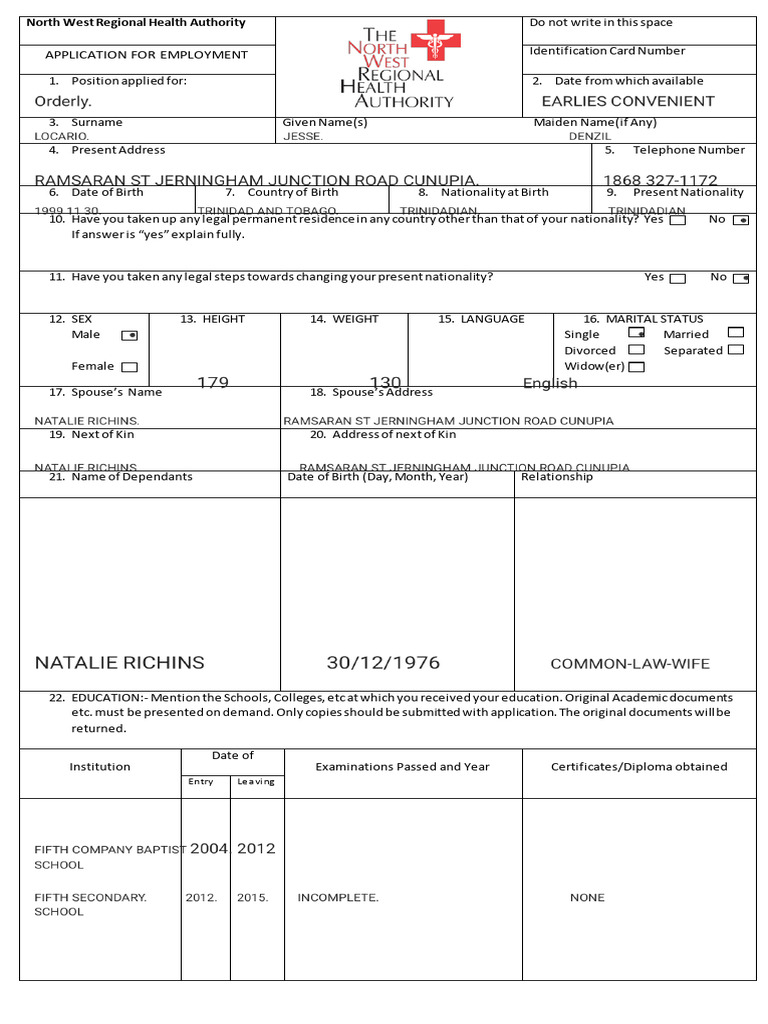 North West Regional Health Job Application | PDF | Nationality | Social ...