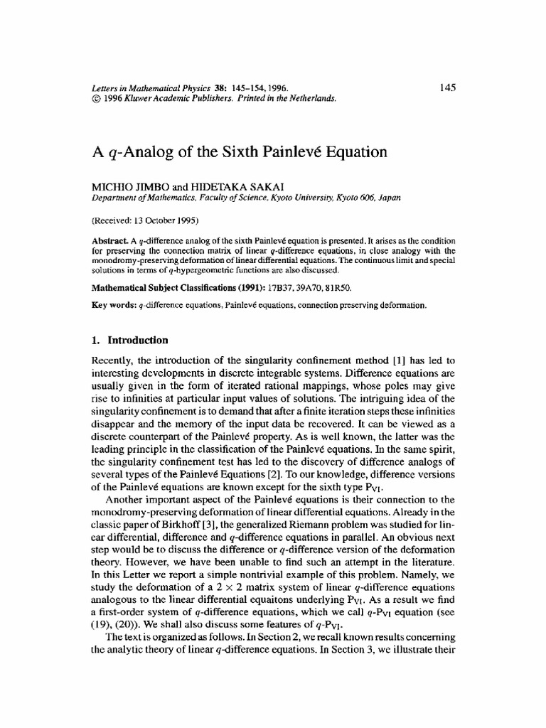 q-Analog of the Sixth Painlevé Equation | PDF | Equations | Mathematics