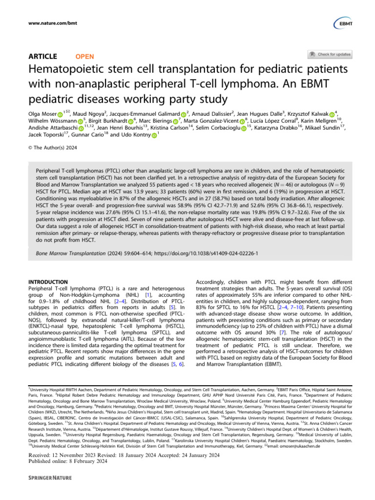 Pediatric HSCT for Non-Anaplastic PTCL | PDF | Hematopoietic Stem Cell ...