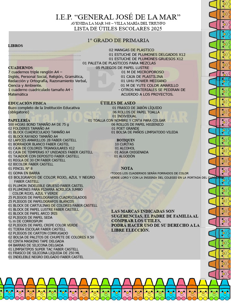 Lista de Útiles 1° Grado 2025 | PDF | Productos de madera | Papelería
