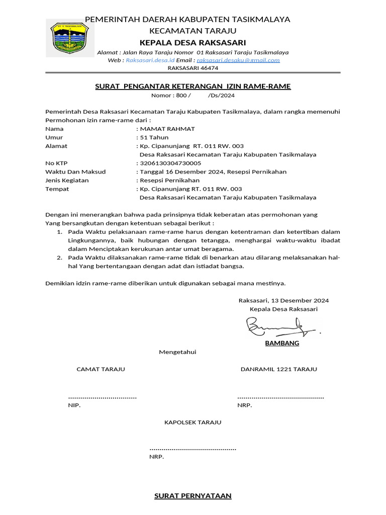 Surat Izin Rame-Rame Pernikahan | PDF
