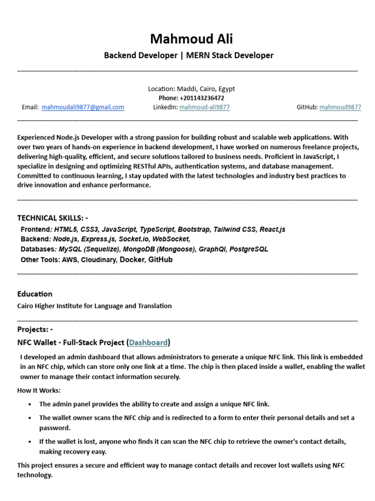 MERN Stack Developer Resume Summary | PDF | Databases | Mongo Db