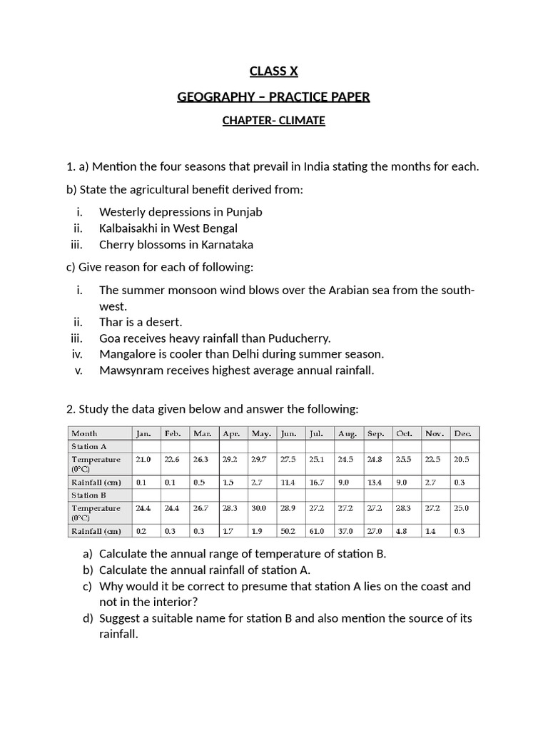 Class X Geography: Climate Practice Paper | PDF