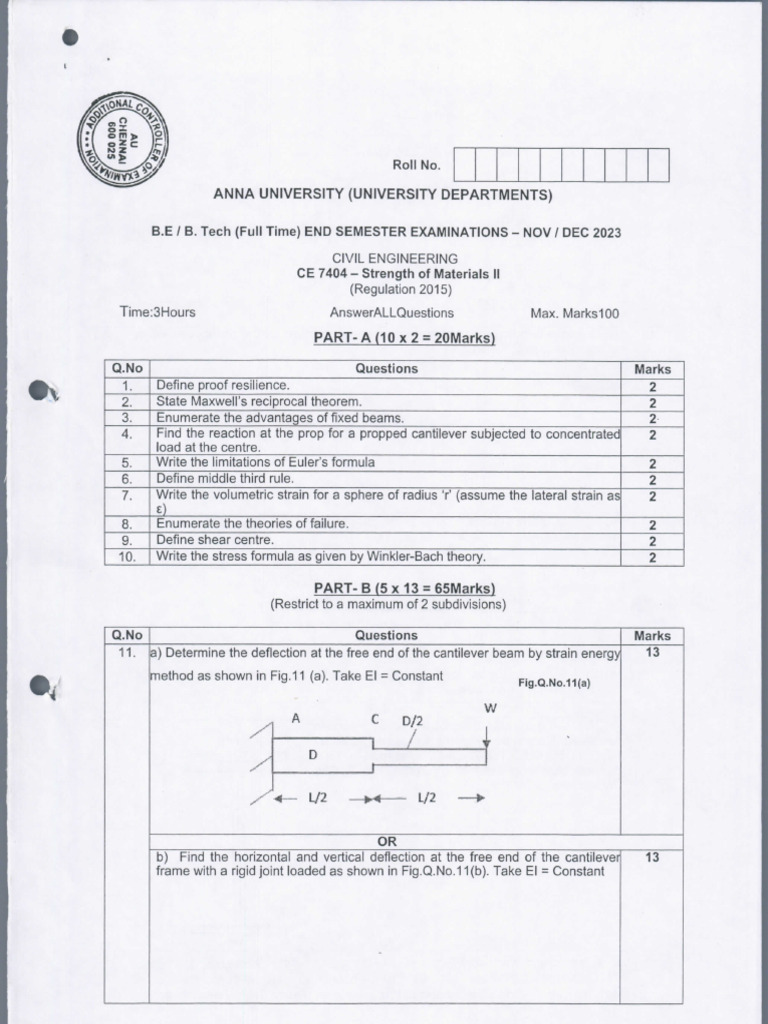 CE7404: Strength of Materials II Exam | PDF | Strength Of Materials ...