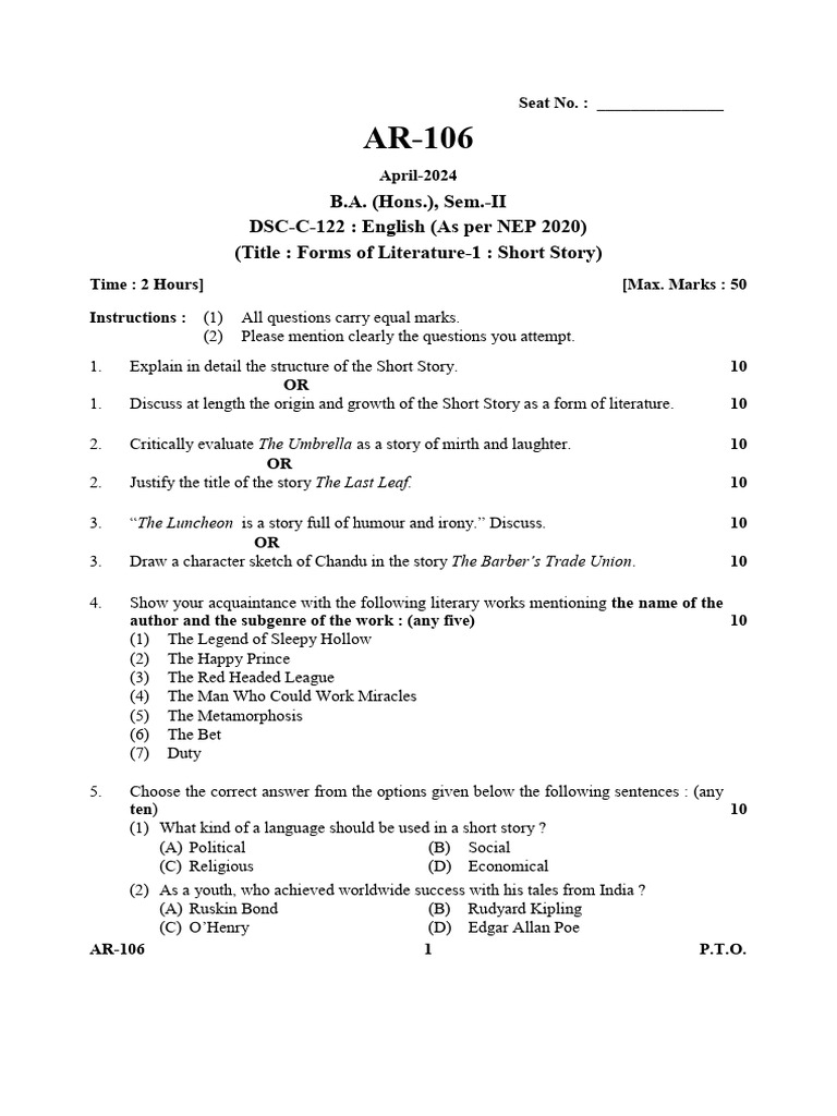 BA Sem 2 English Question Paper 2024 | PDF