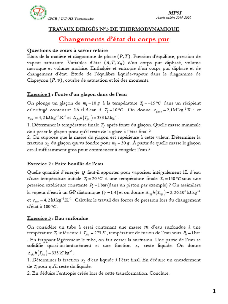 Thermodynamique : Changements d'état et exercices | PDF | Enthalpie ...