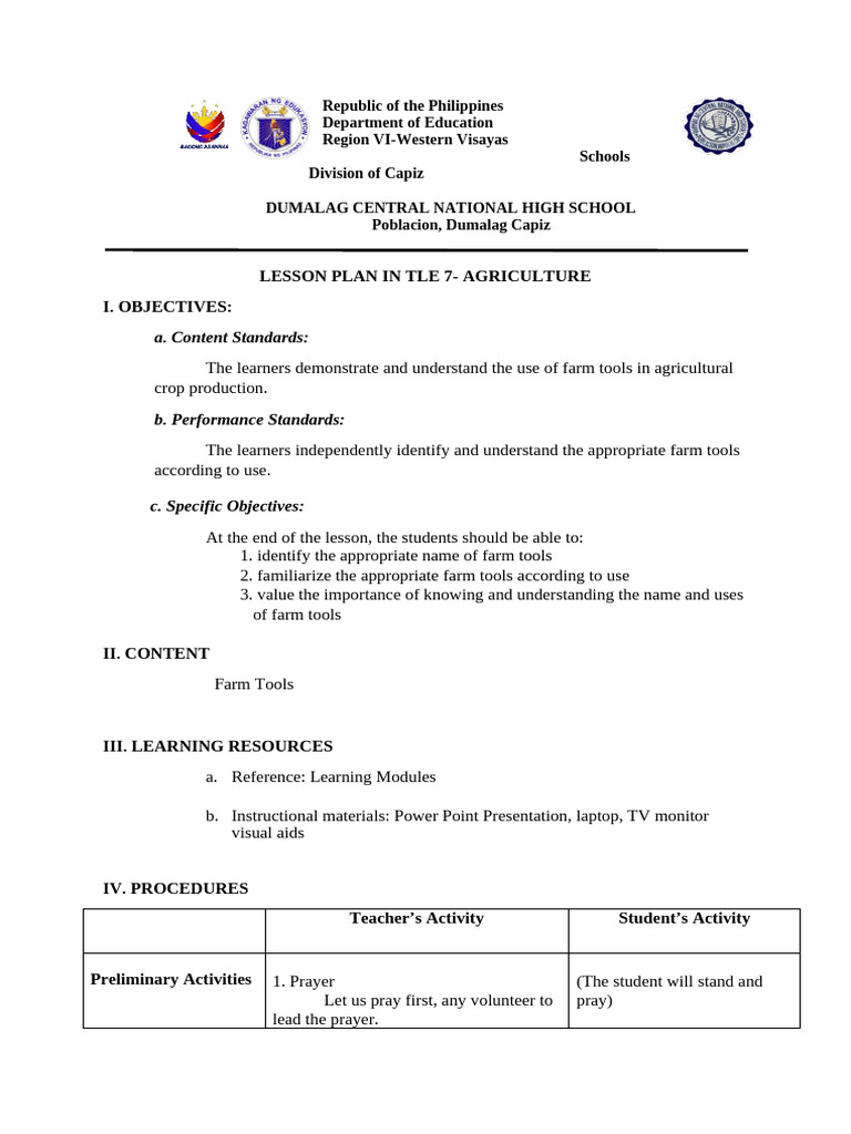 TLE 7 Agriculture Lesson Plan: Farm Tools | PDF | Lesson Plan | Plough