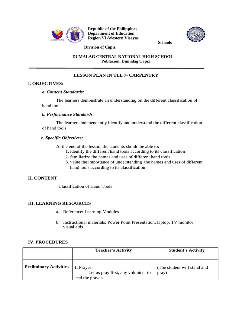Final Lesson Plan For Carpentry 2 Del Pilar Pdf Drill Woodworking