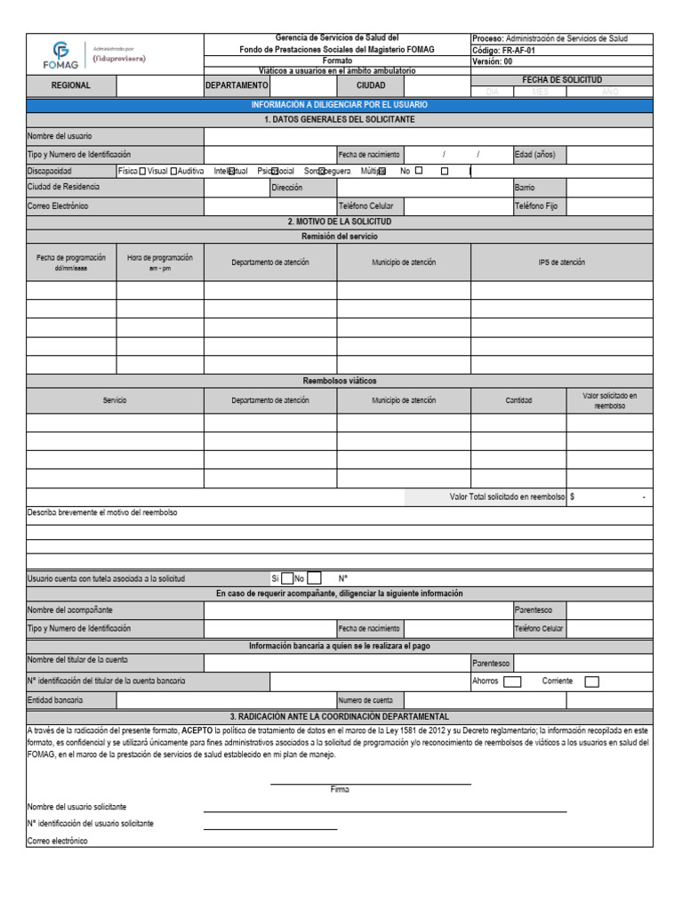 Formato de Reembolso de Viáticos FOMAG | PDF