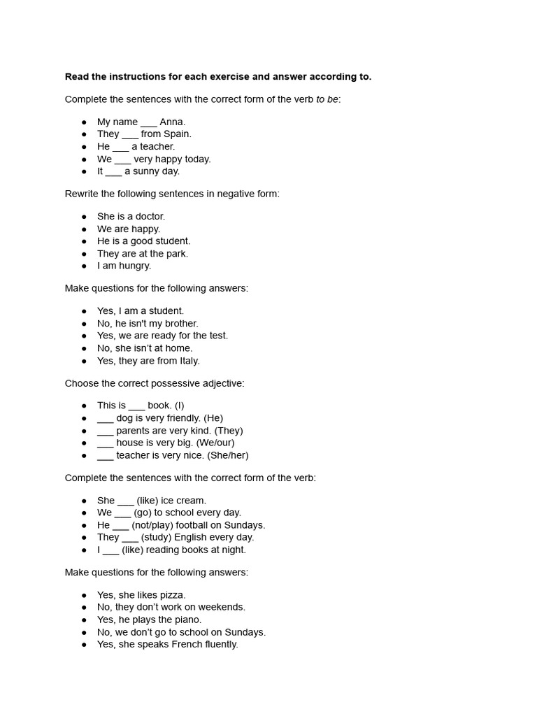 English Grammar Exercises for Beginners | PDF