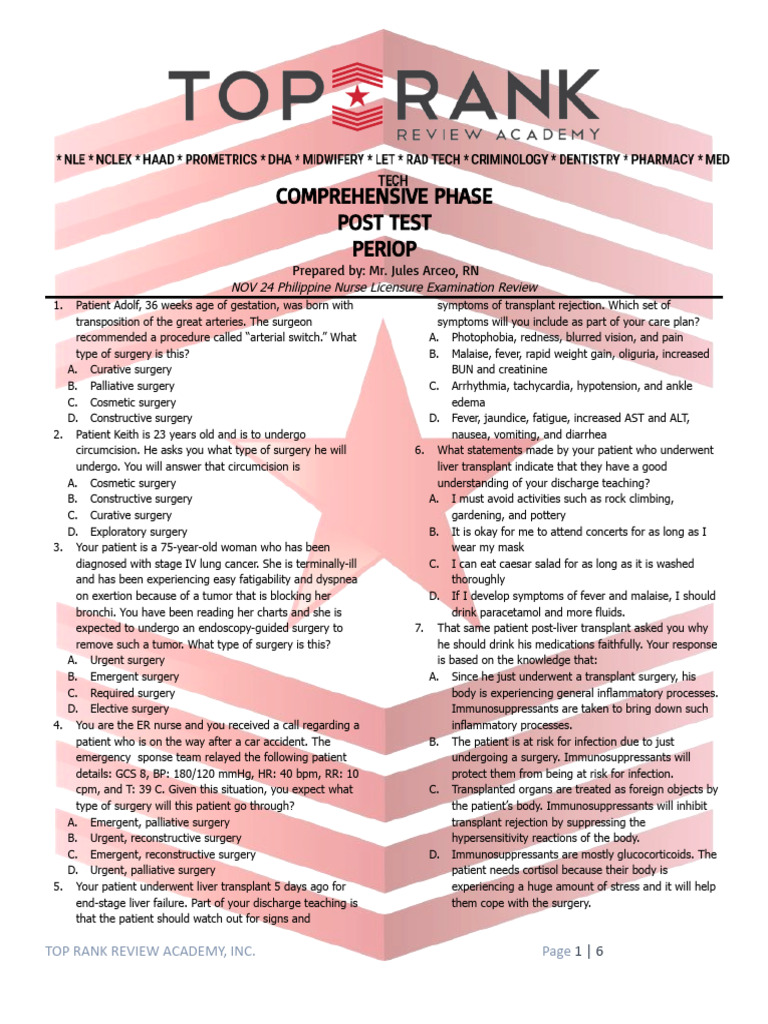 Perioperative Nursing Post Test Review | PDF | Surgery | Anesthesia