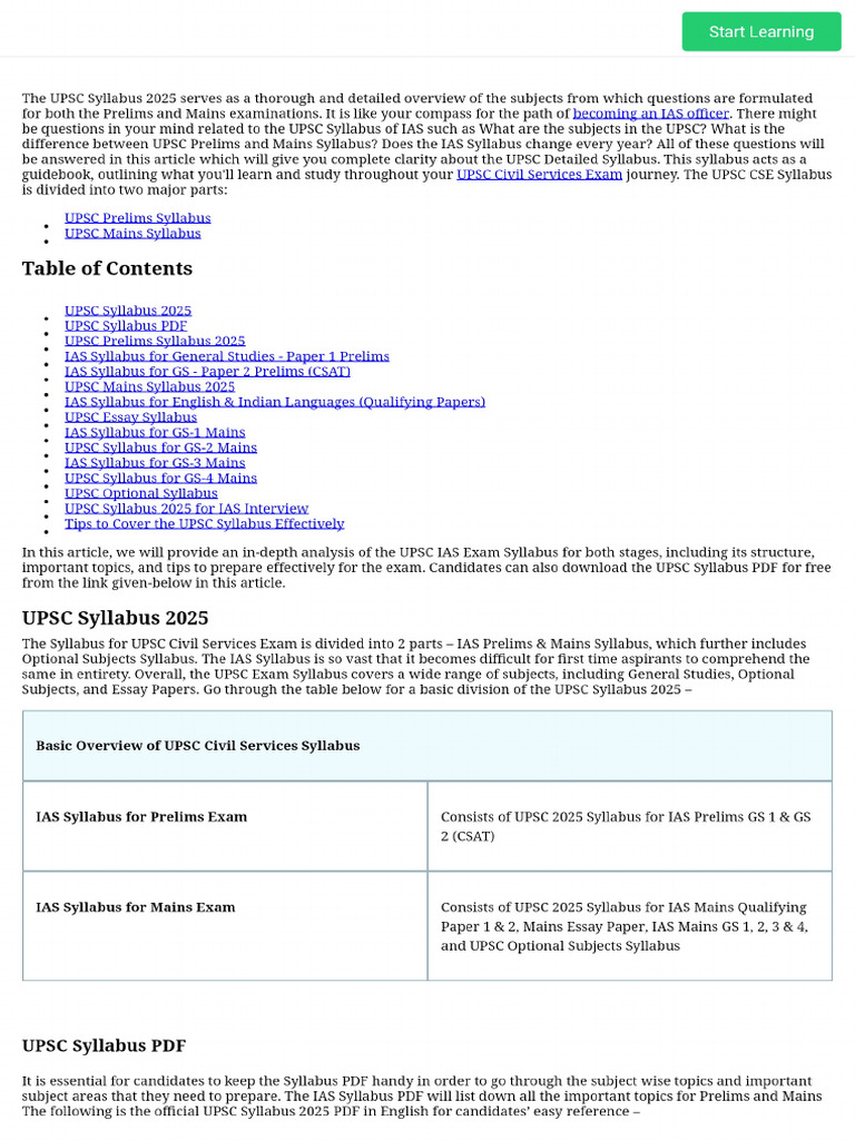 UPSC Syllabus 2025 - IAS Prelims & Mains Syllabus PDF | PDF
