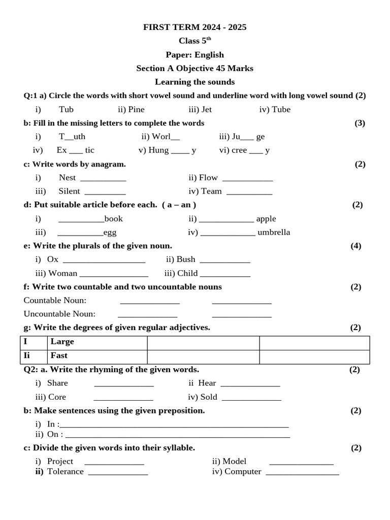 Paper English First Term 2024 | PDF | Noun | English Language