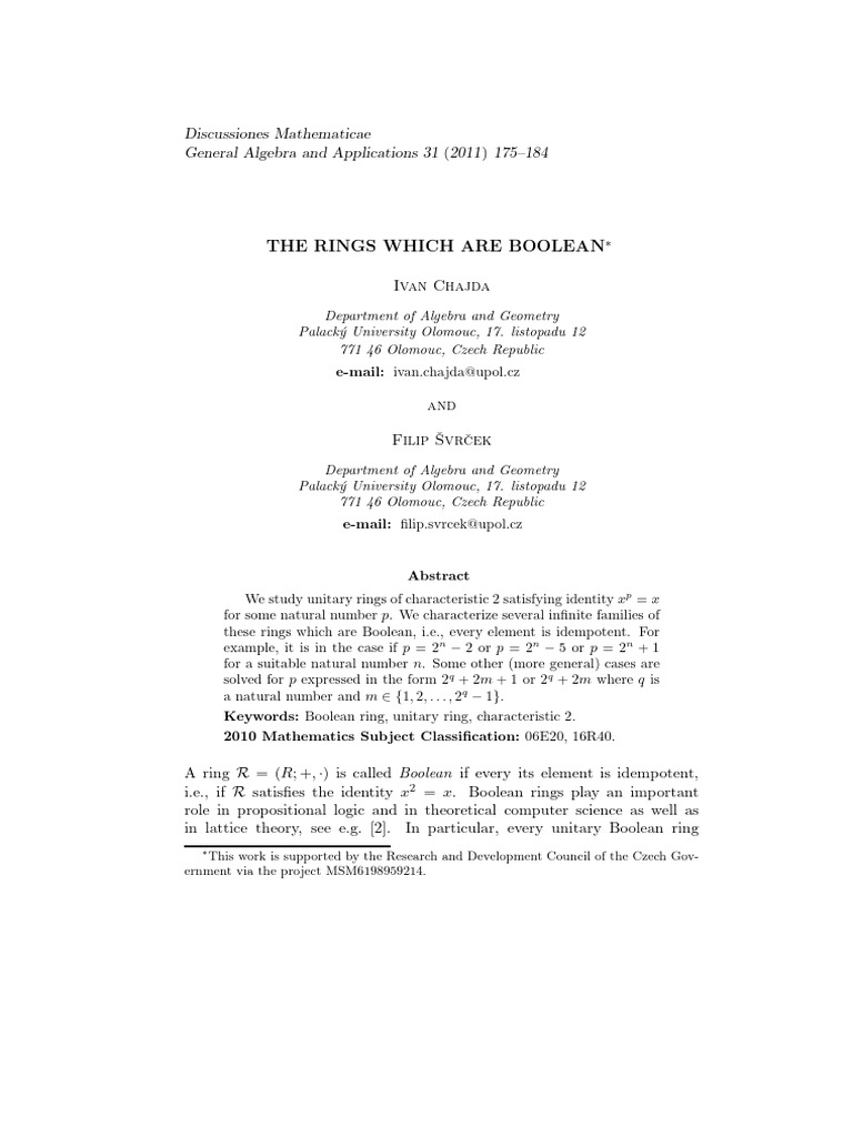 Boolean Rings of Characteristic 2 | PDF | Boolean Algebra | Teaching ...