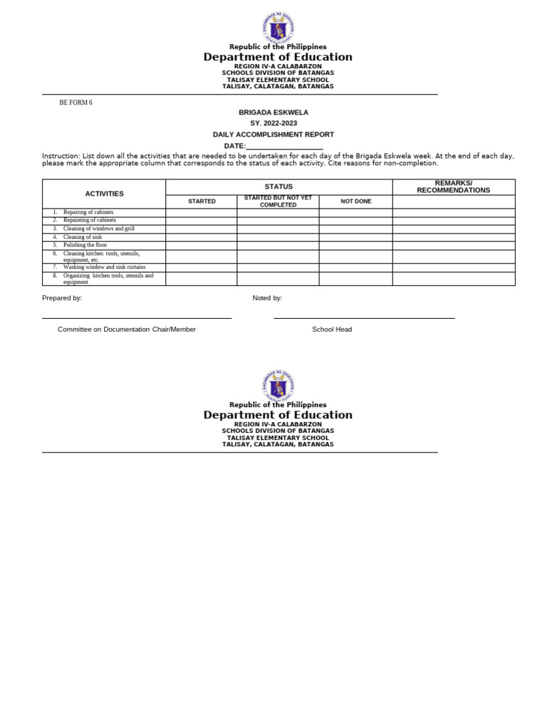 BS Form 6 Talisay ES Daily Accomplishment Report | PDF