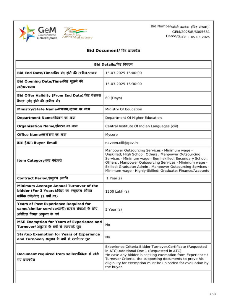 Gem Bid For Manpower Outsourcing Services Pdf Procurement Employment