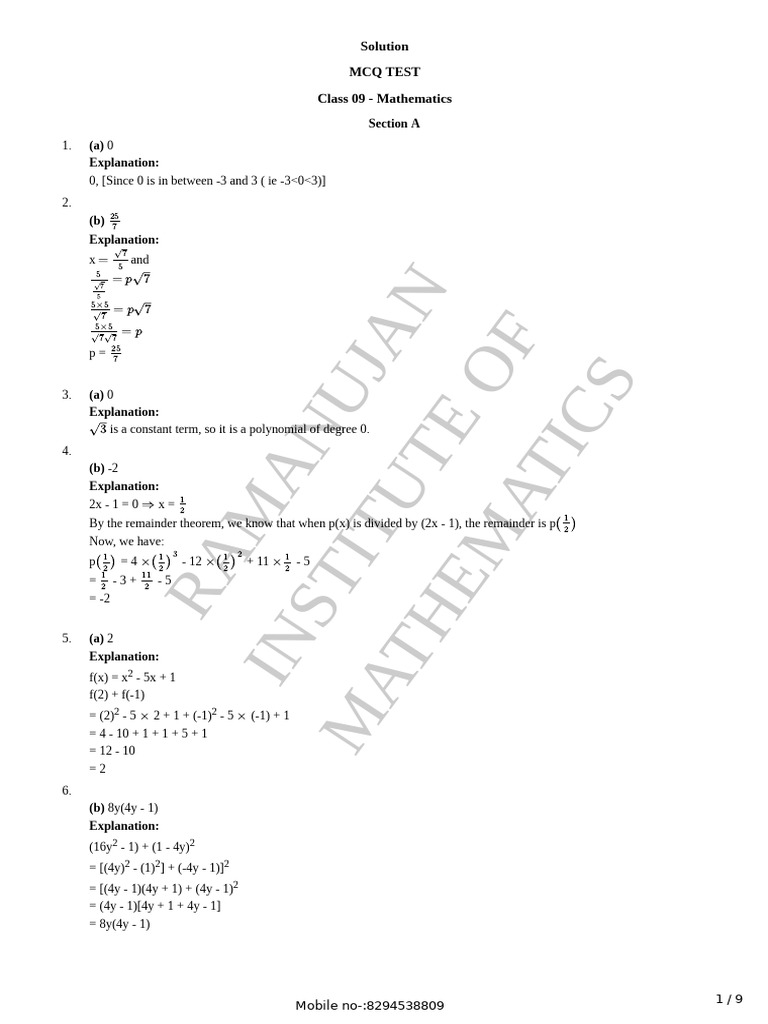 Class 9 Mathematics MCQ Test Solutions | PDF | Histogram | Area