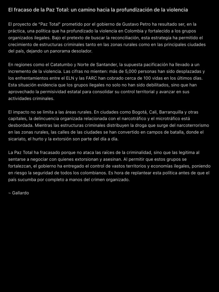El Fracaso de La Paz Total Un Camino Hacia La Profundización de La | PDF