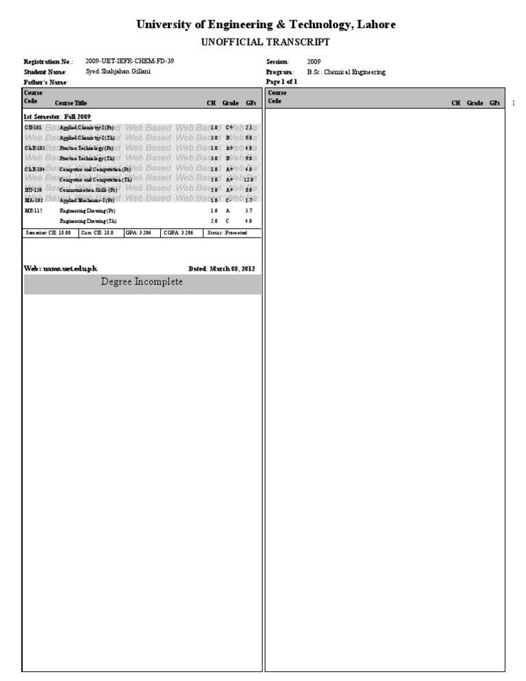 UET Lahore Unofficial Transcript 2009 | PDF | Teaching Methods ...