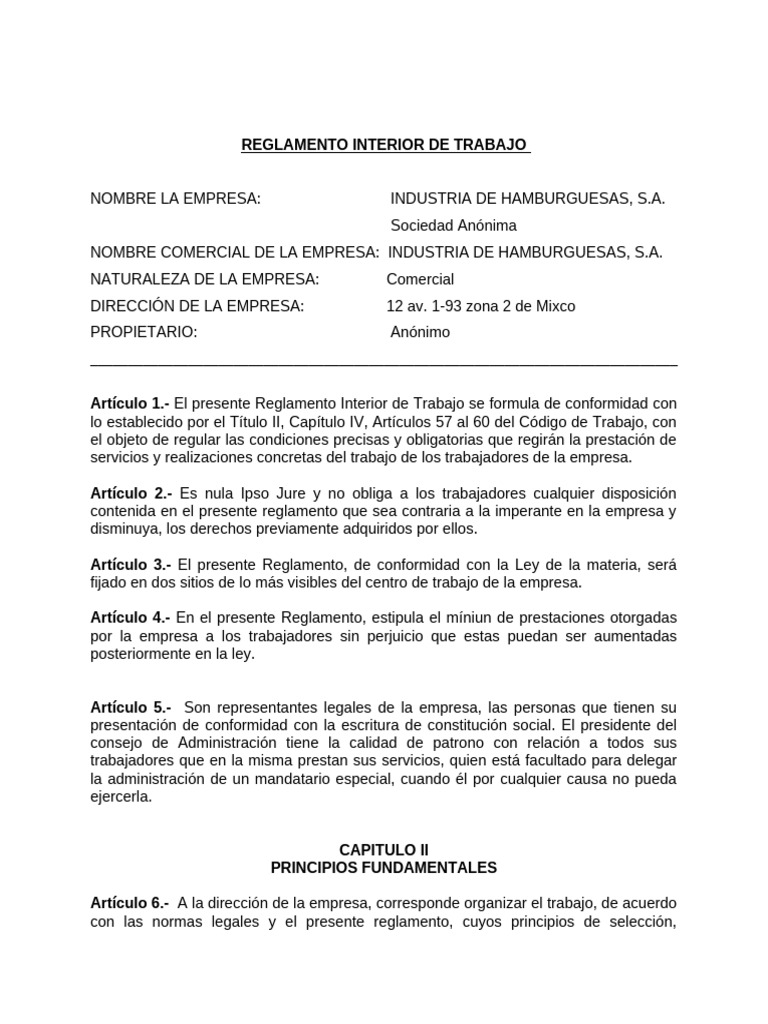Reglamento Interior de Trabajo | PDF | Salario | Tiempo de trabajo