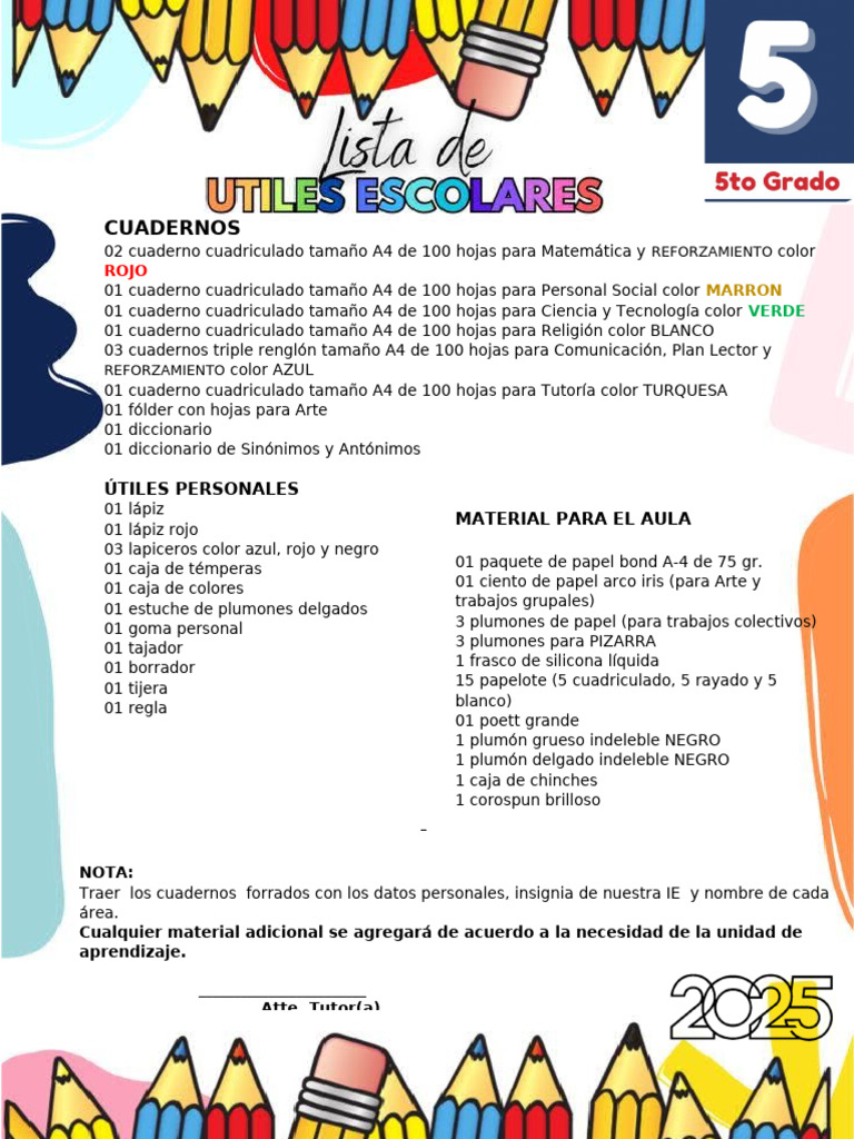 Lista de útiles escolares 2025 para primaria | PDF | Arco iris