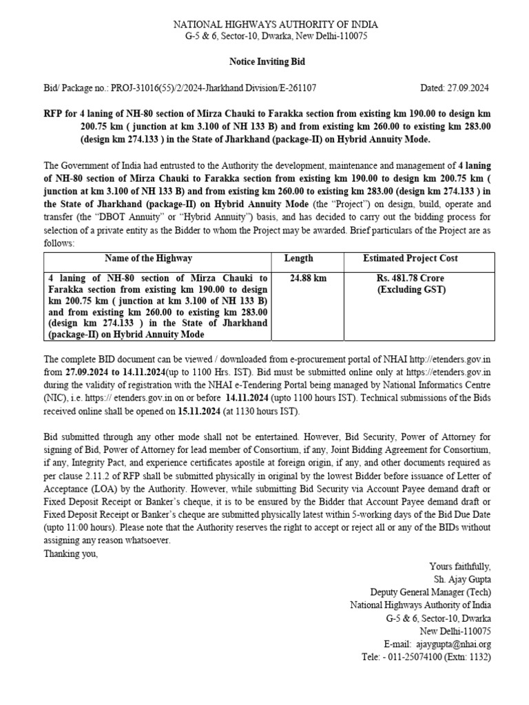 RFP for NH-80 Mirza Chauki Project | PDF | Cheque