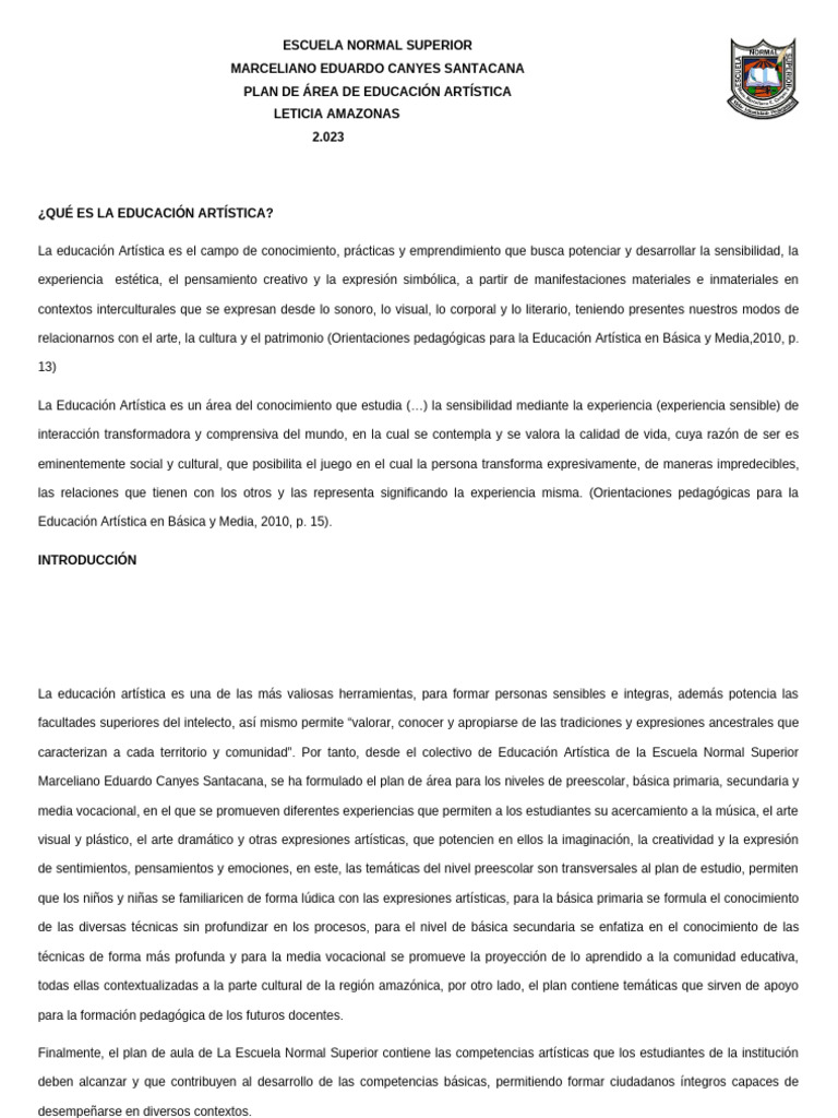 Plan de Educación Artística 2023 | PDF | Educación en artes visuales ...