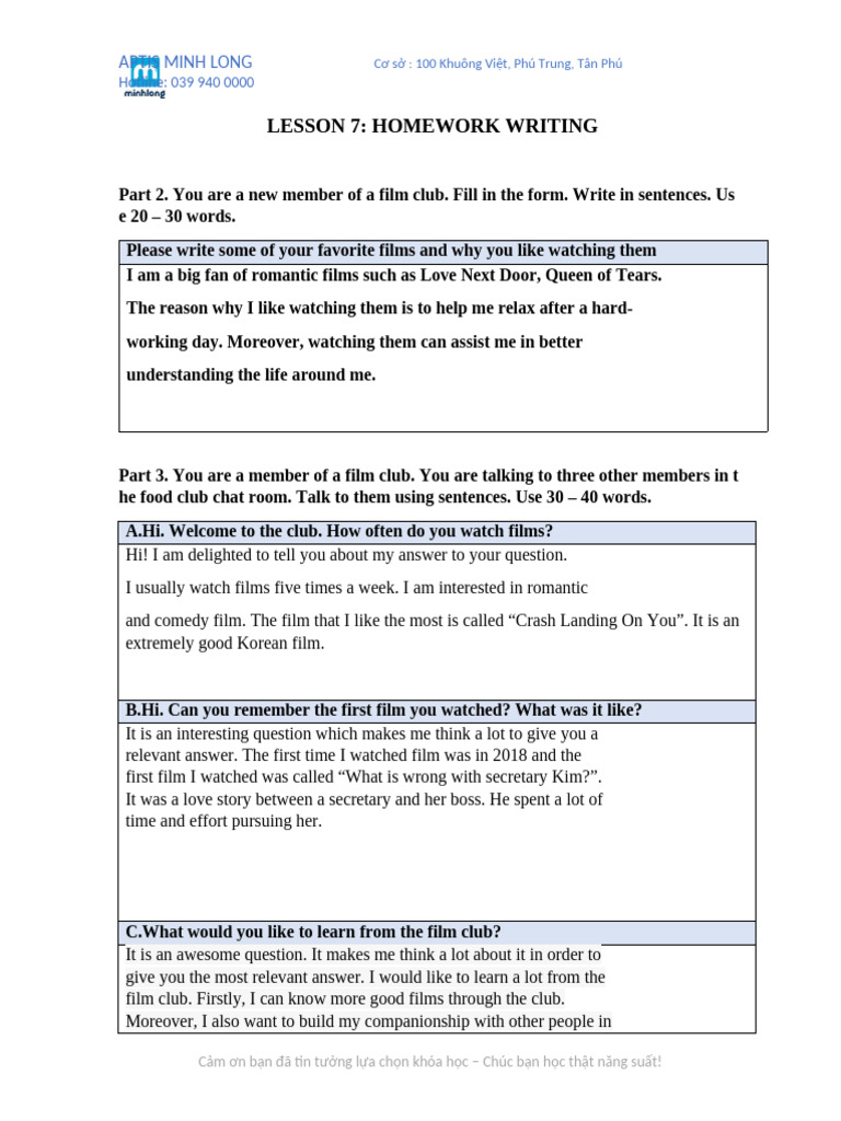Film Club Homework Writing Guide | PDF