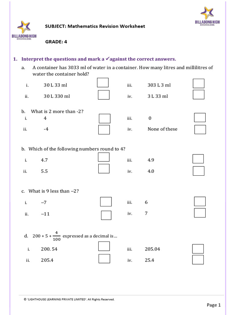 Grade 4 Mathematics Revision Worksheet | PDF | Mathematics