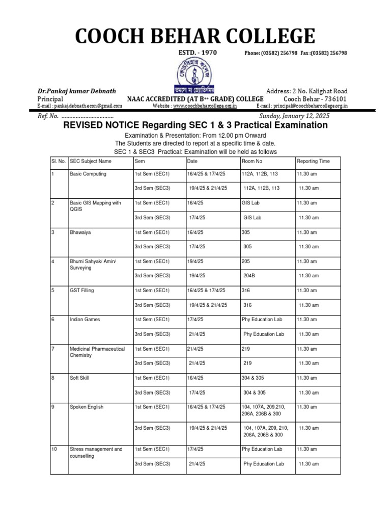 Cooch Behar College SEC Practical Exam Notice | PDF