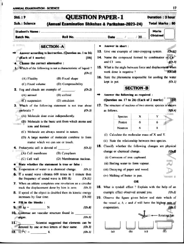 Class 9 Science Question Paper 2023-24 | PDF | Chemistry
