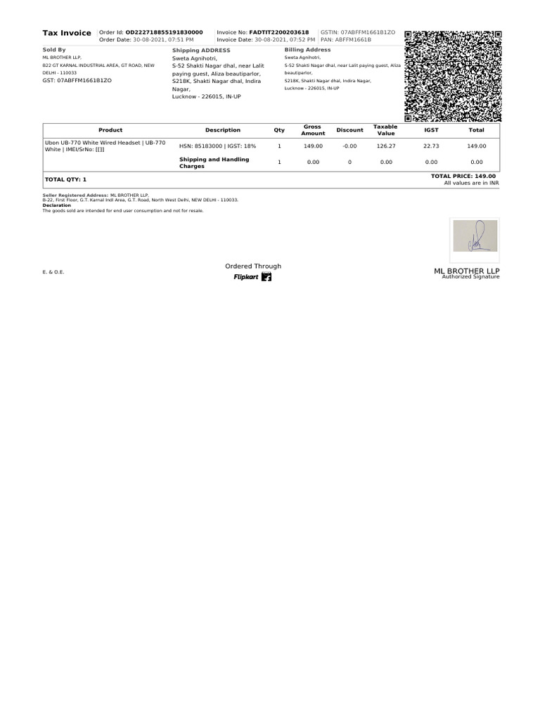 Invoice from ML Brother LLP to Sweta Agnihotri | PDF | Economy Of India ...