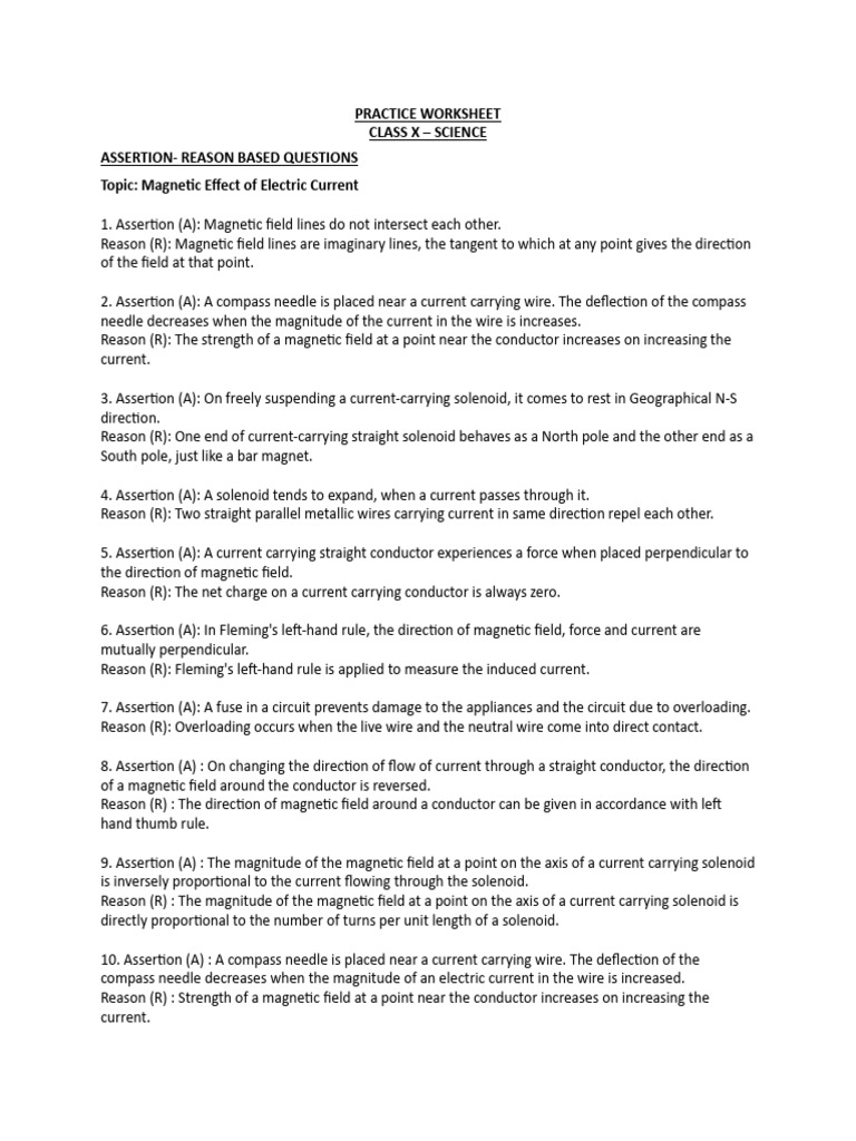 Practice Worksheet - Magnetic Effects of Electric Current | PDF ...