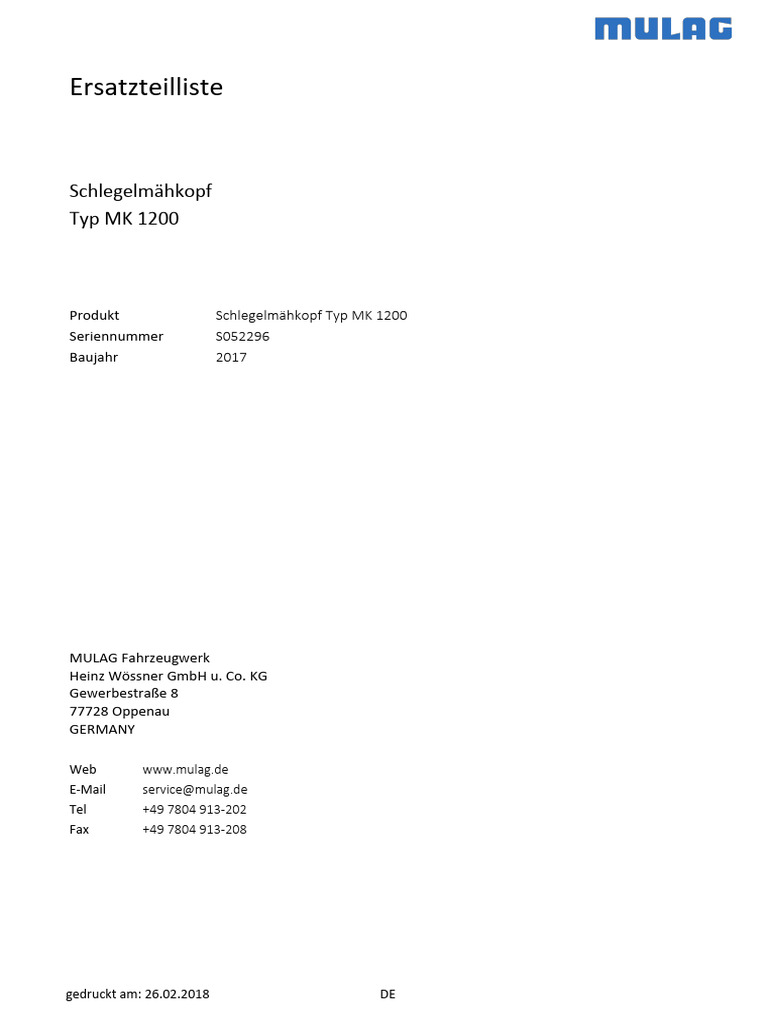 Ersatzteilliste: Schlegelmähkopf Typ MK 1200 | PDF