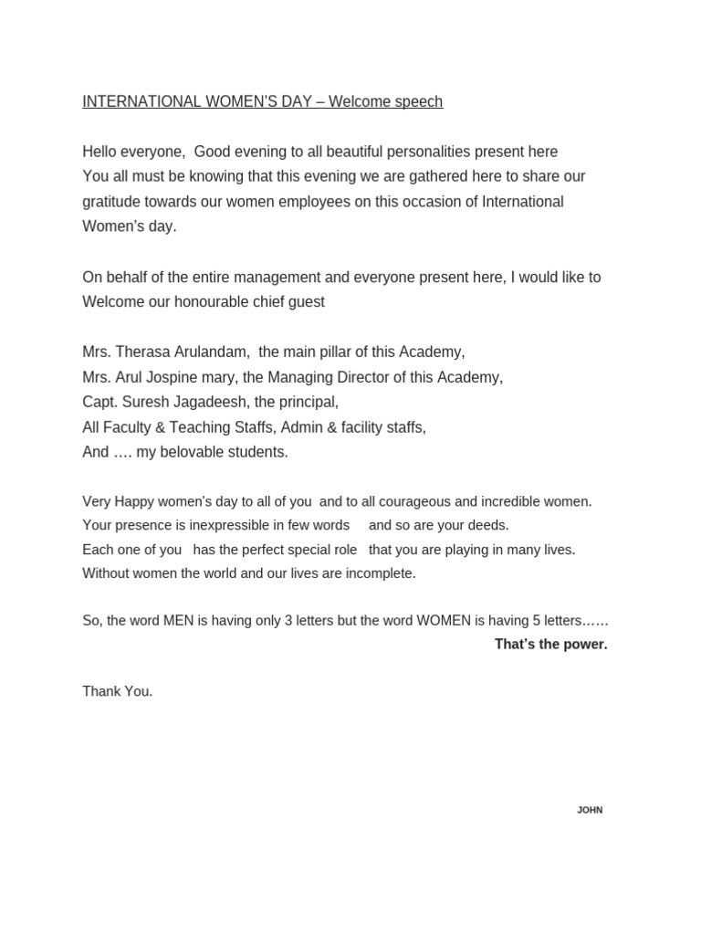 Women's Day Welcome Speech | PDF