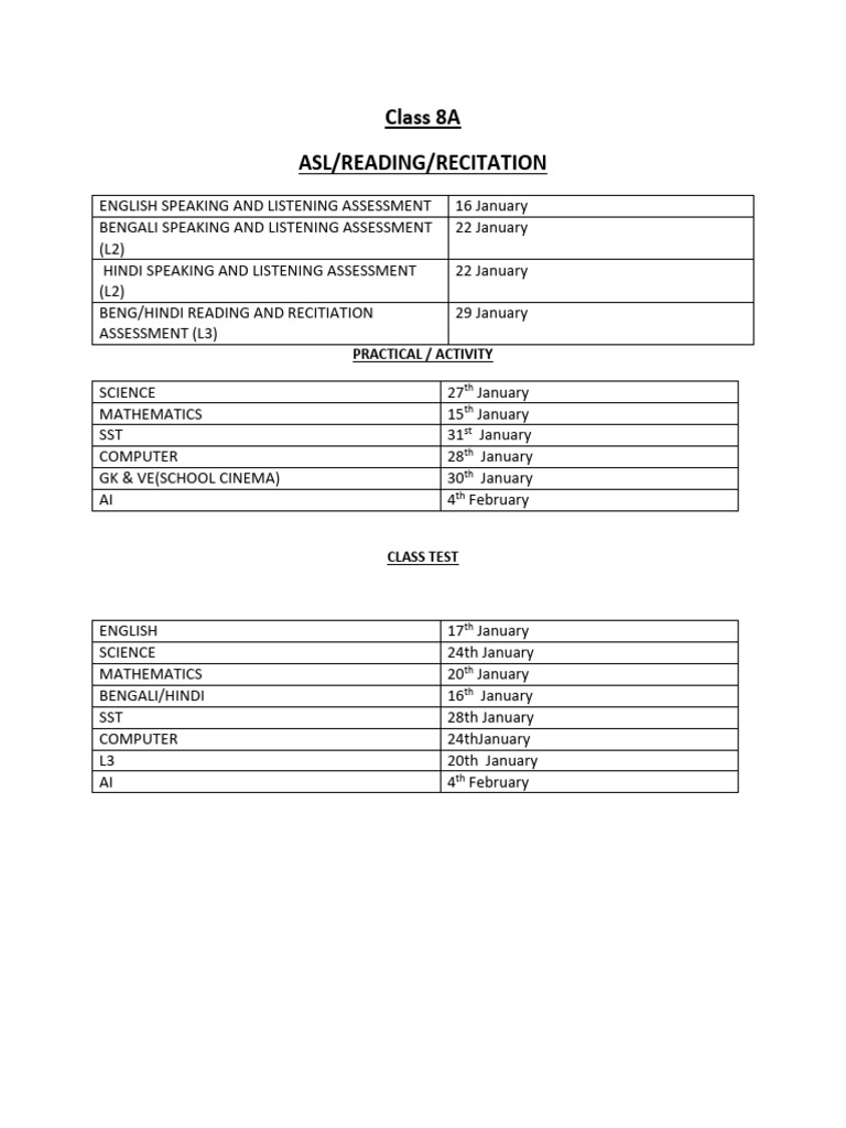 8a Asl,Practical and Class Test Dates | PDF