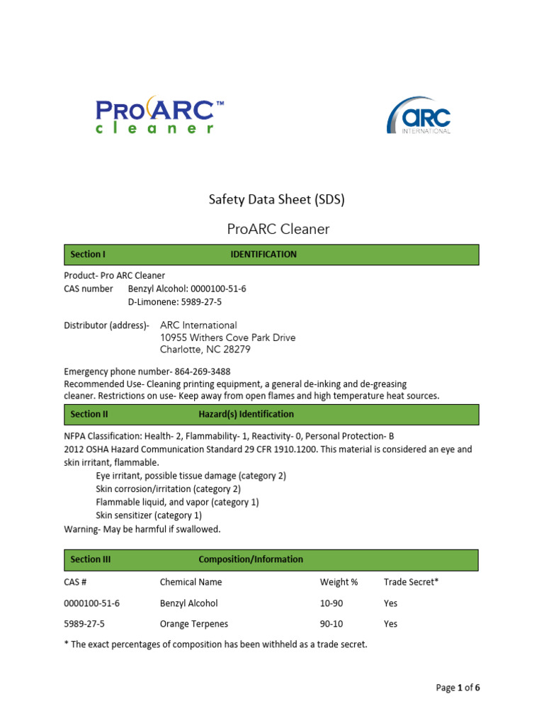 ProARC Cleaner Safety Data Sheet | PDF | Toxicity | Water