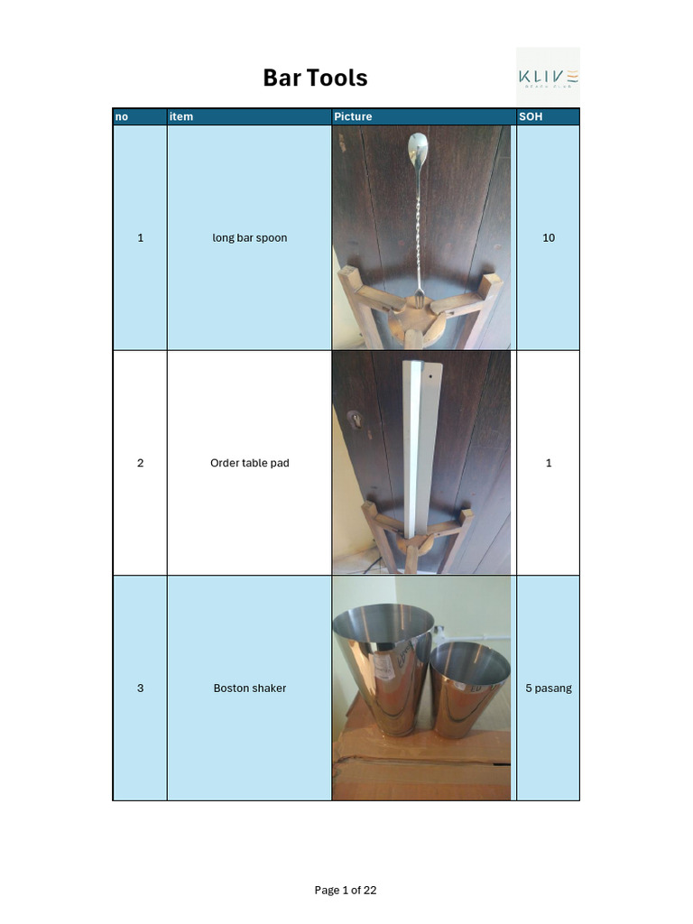 Comprehensive Bar Tools Inventory | PDF