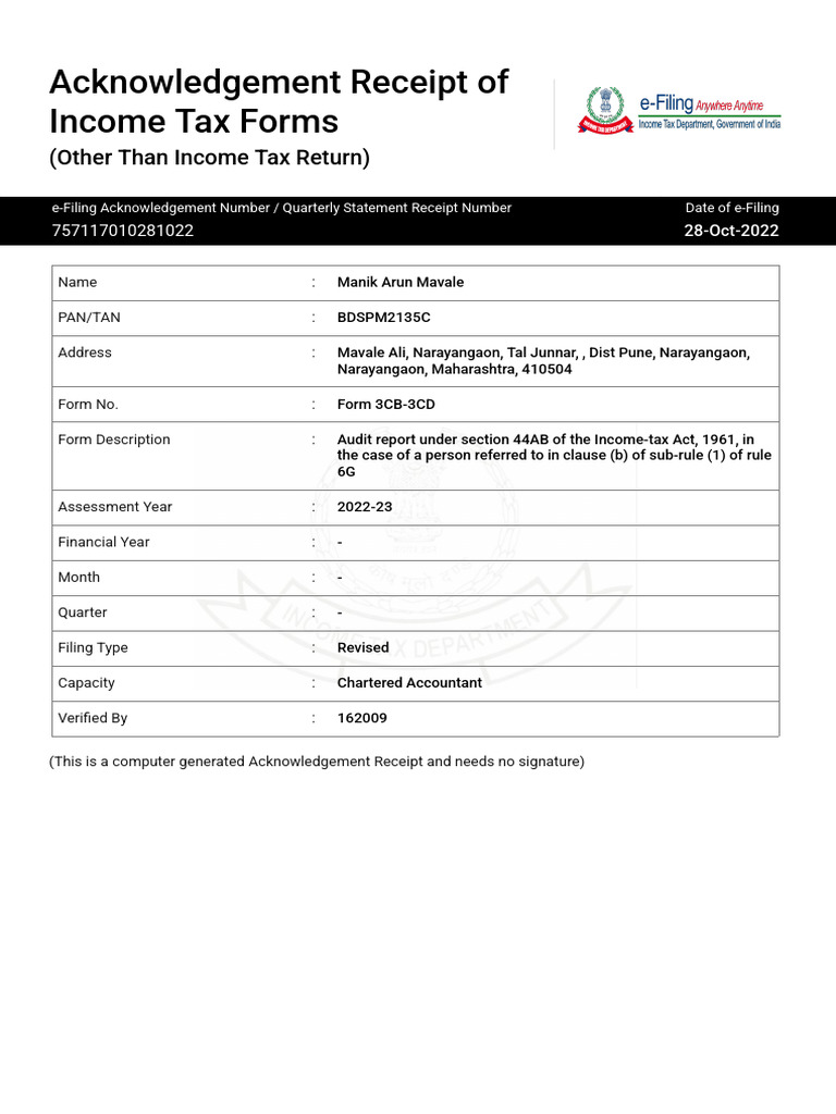 ITR Acknowledgement for Audit Report | PDF | Payments | Cheque