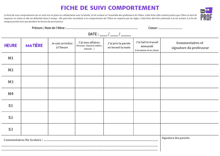 Fiche de Suivi Comportement Élève | PDF