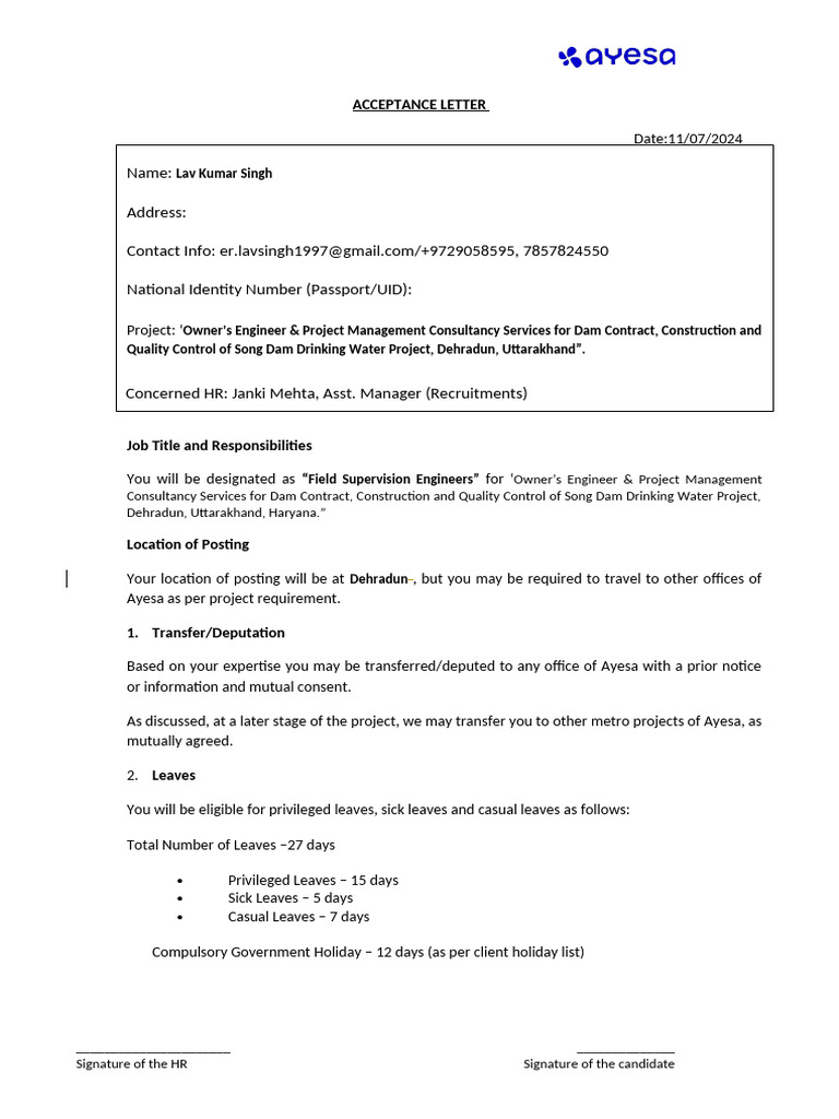 Acceptance Letter for Lav Kumar Singh | PDF | Salary | Business