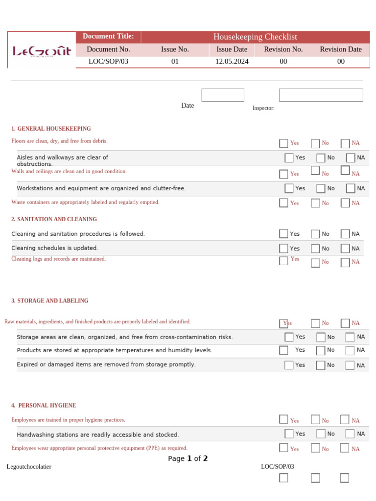 Housekeeping and Sanitation Checklist | PDF | Housekeeping | Hygiene