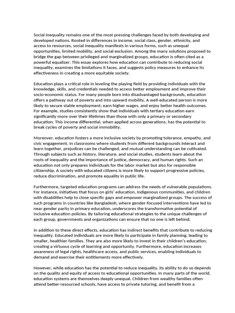 The Role of Education in Reducing Social Inequality | PDF | Economic ...