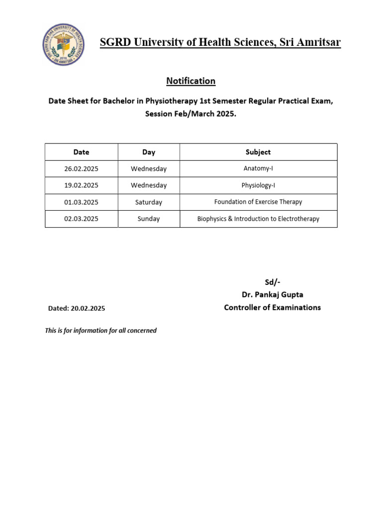 1st Year Physiotherapy Exam Dates 2025 | PDF